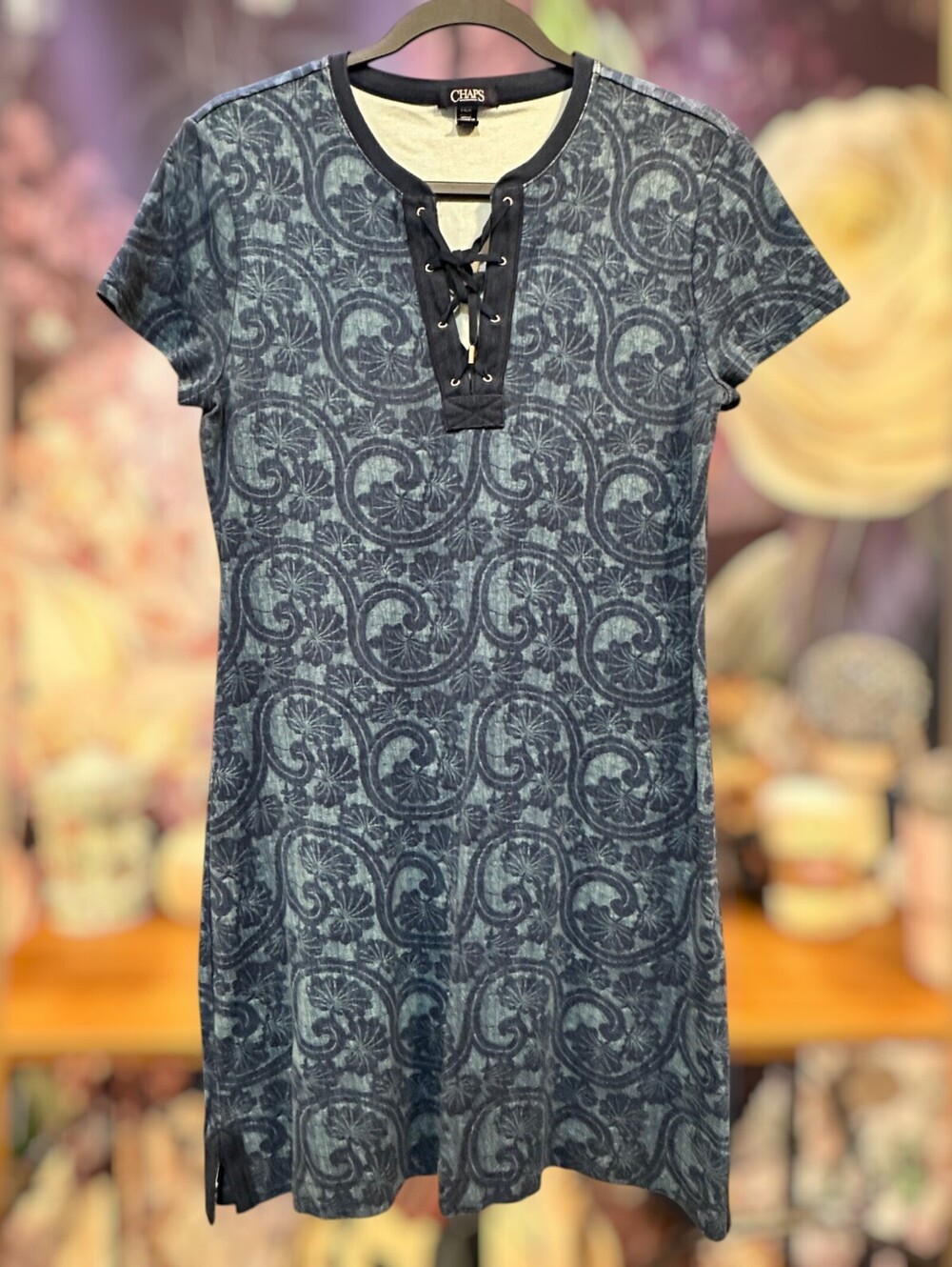 Chaps L 100% Cotton Dress Shift Lace Up Neckline Paisley Scroll Print Boho Navy